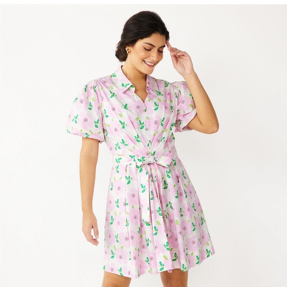 DRAPER JAMES RSVP Women’s Puff‎ Sleeve Button Front Dress Pink White Floral Sz L - Picture 1 of 11